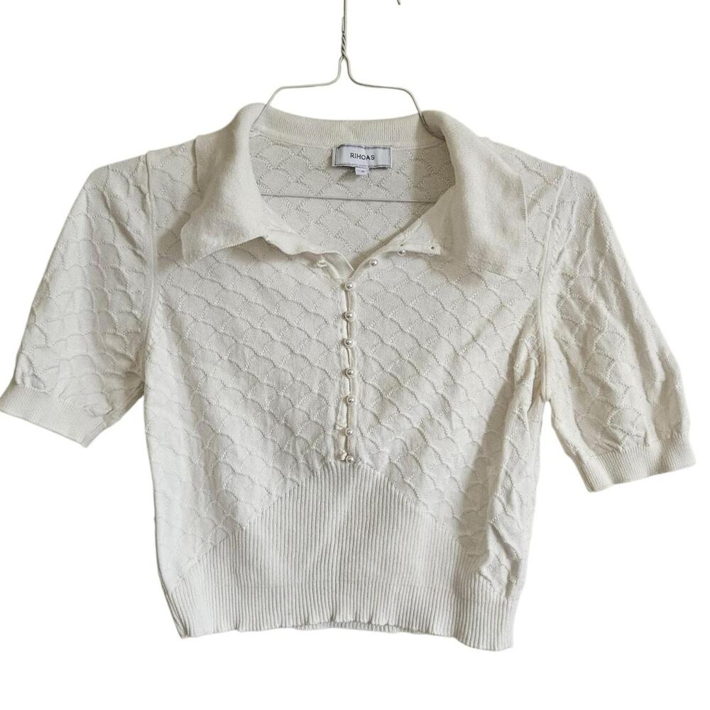 Ivory off white short sleeve collared sweater scallop knit pearl buttons cotton